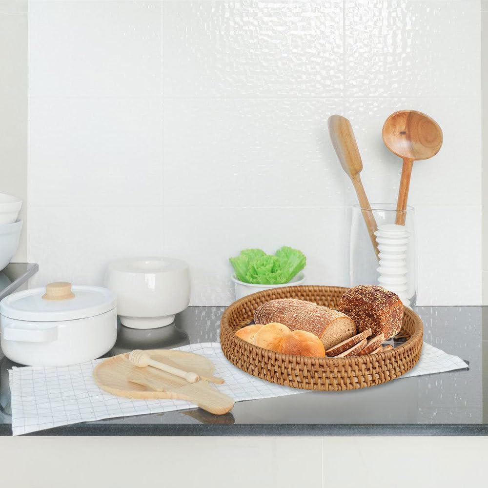 Round Rattan Tray / Mother of Pearl Inlay Aesthetic Wicker Jewelry Dishes for Snacks Fruits