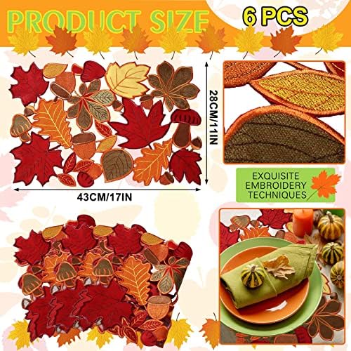 Fall Placemats Set of 6 Thanksgiving Embroidered Maple Table Mat, 11x17 in