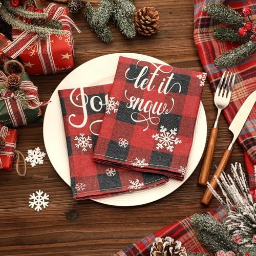 Funnymoom 24 Pcs Christmas Buffalo Plaid Cloth Napkins Red White 15x15