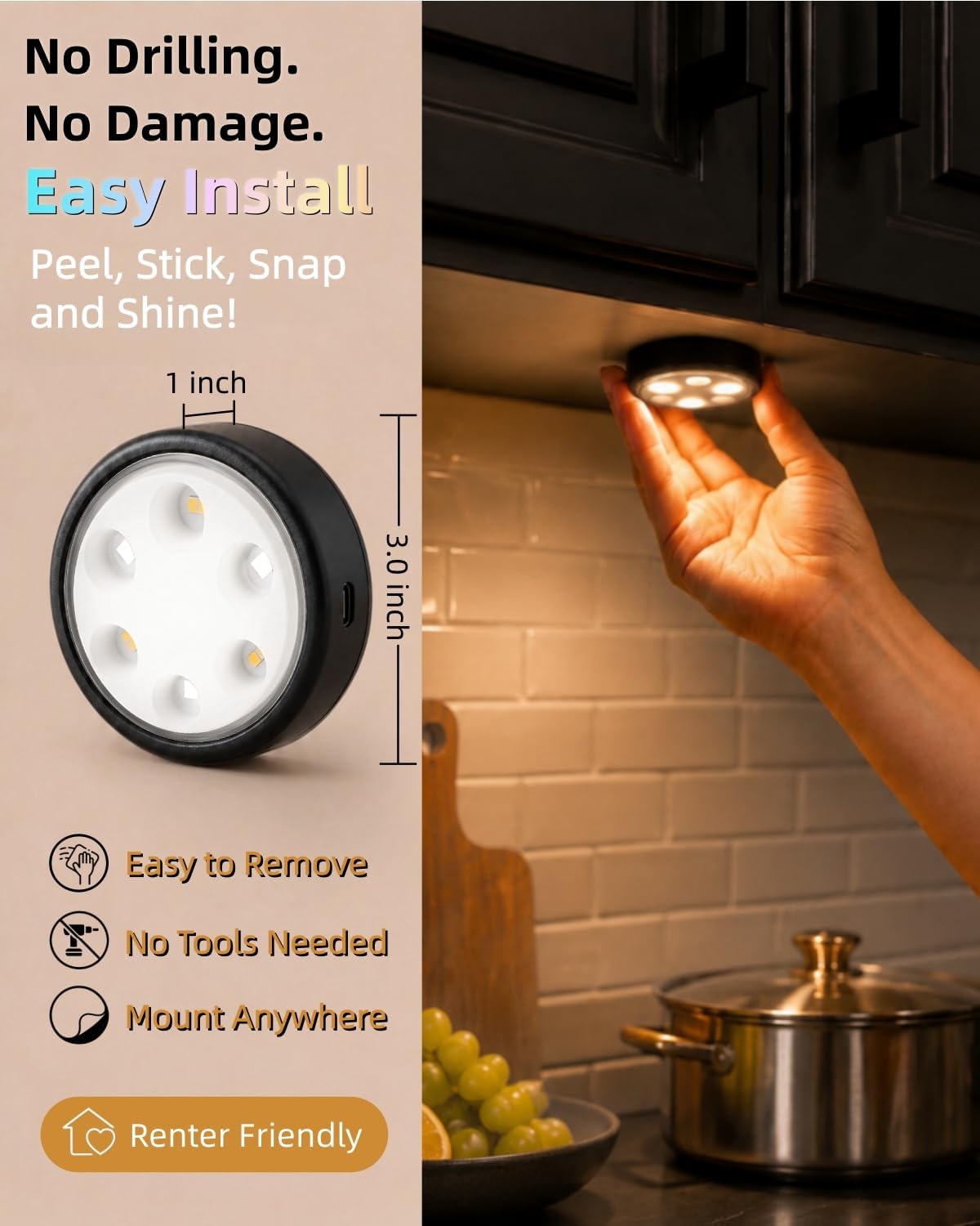 HOLKPOILOT Puck Lights with Remote, Under Cabinet Lights,2000mAh Battery Operated Closet Lights, Magnetic Under Cabinet
