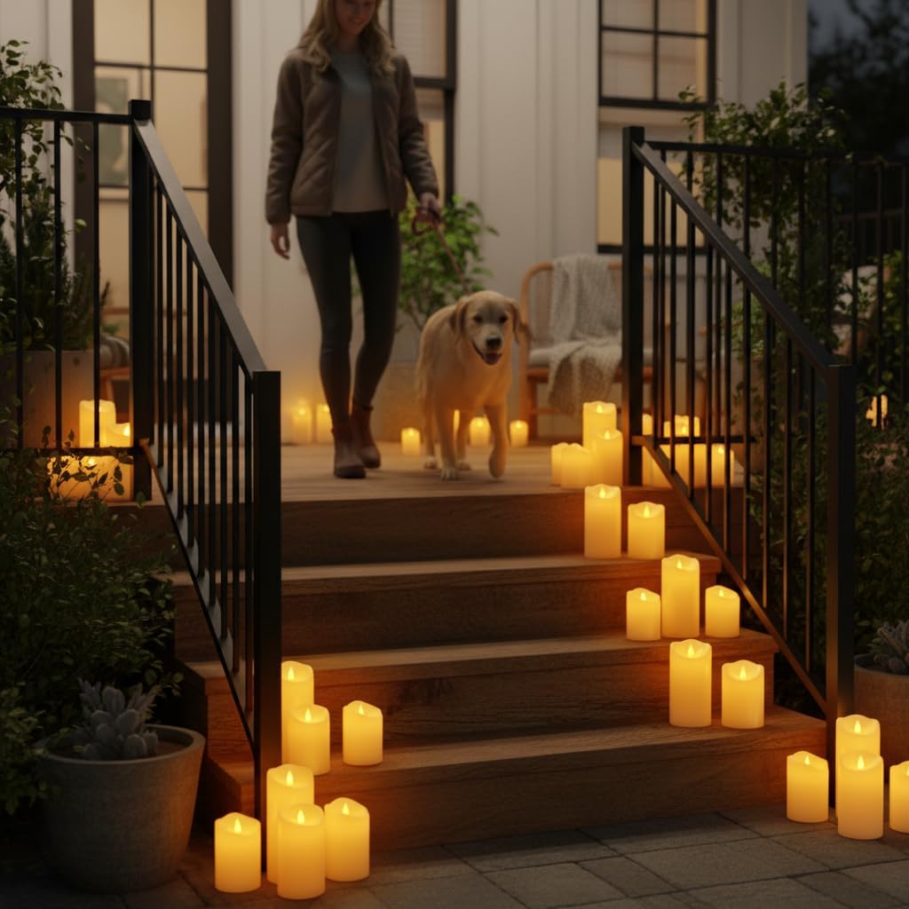 Outdoor Flameless Candles, Patented 3D Dual-LED, Set of 9 Slanted Resin Pillars with 2 Remotes, Bulk Party Decor for