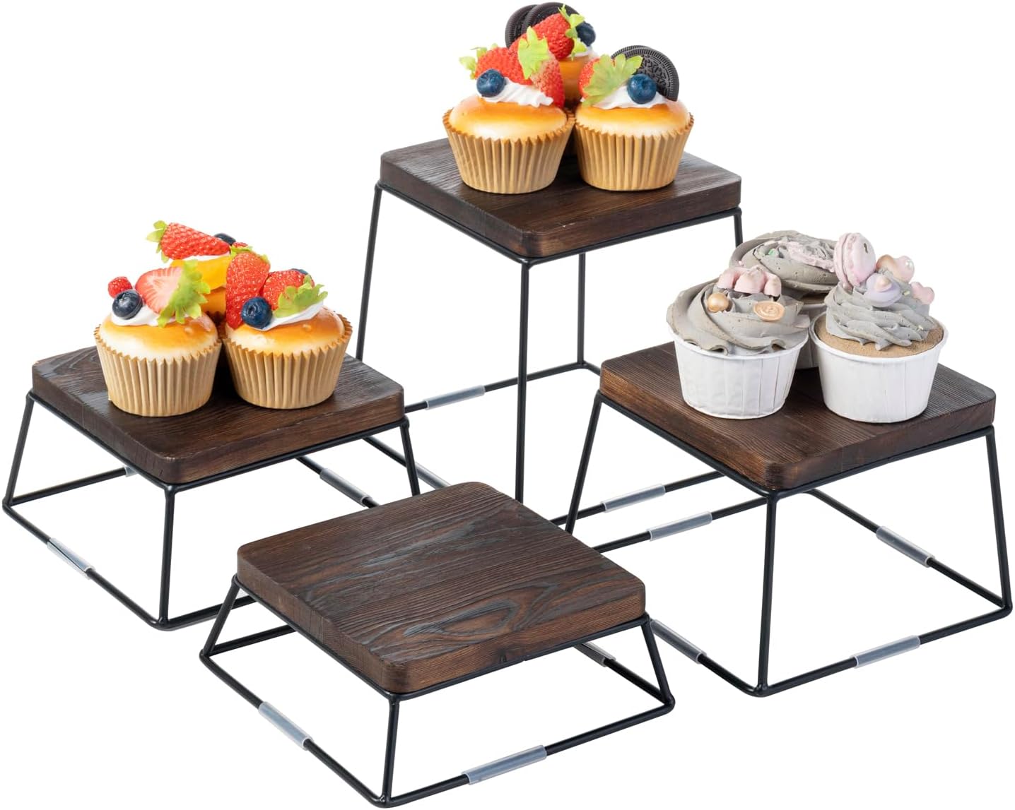 MyGift 4 Piece Dessert Display Stand Set Wood Buffet Risers Brown Metal | Matte Black Wire Bases, Nesting Display