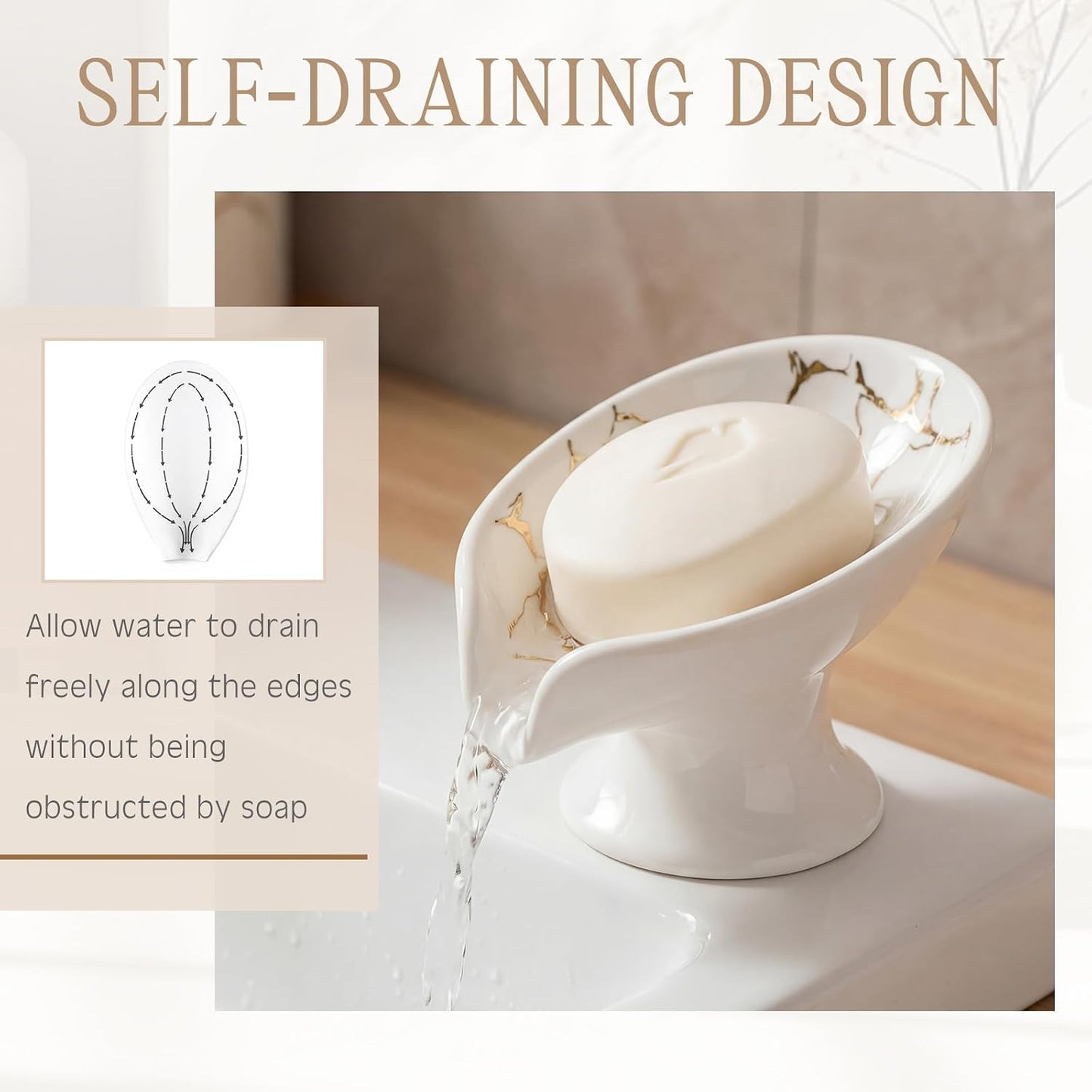 Soap Dishes for Bar Soap Holder Ceramic Decorative Self Draining Leaf Shape / White Gold / Set of 2