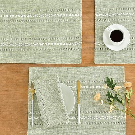 Wracra Cotton Linen Place Mats, Sage Green Embroidered Placemats Set of 6 | Placemats 12 x 18 Inch; Cotton Linen Woven