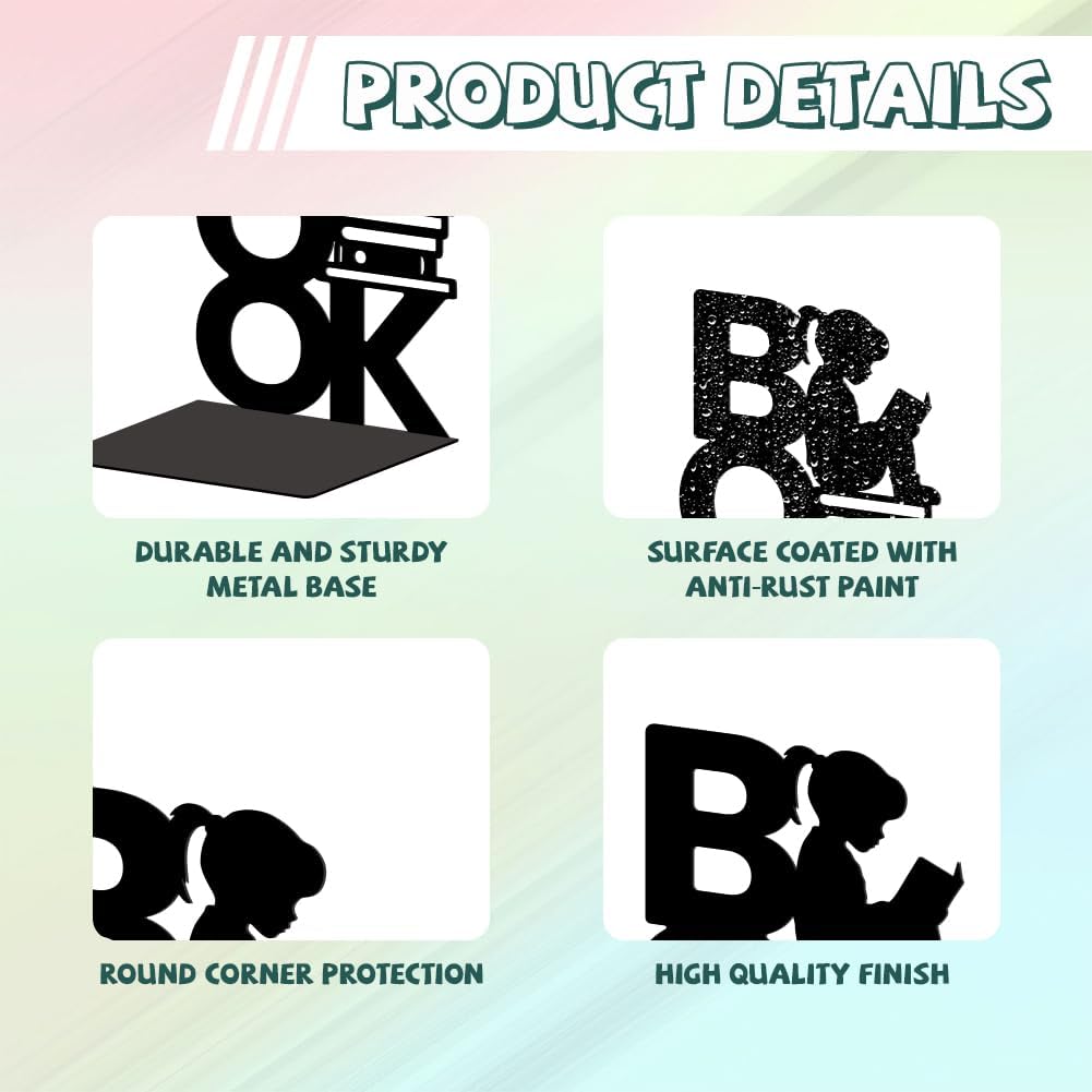 Metal Bookends / Modern Decorative Heavy Duty Study Book Support Stoppers / Book and Reading Girl