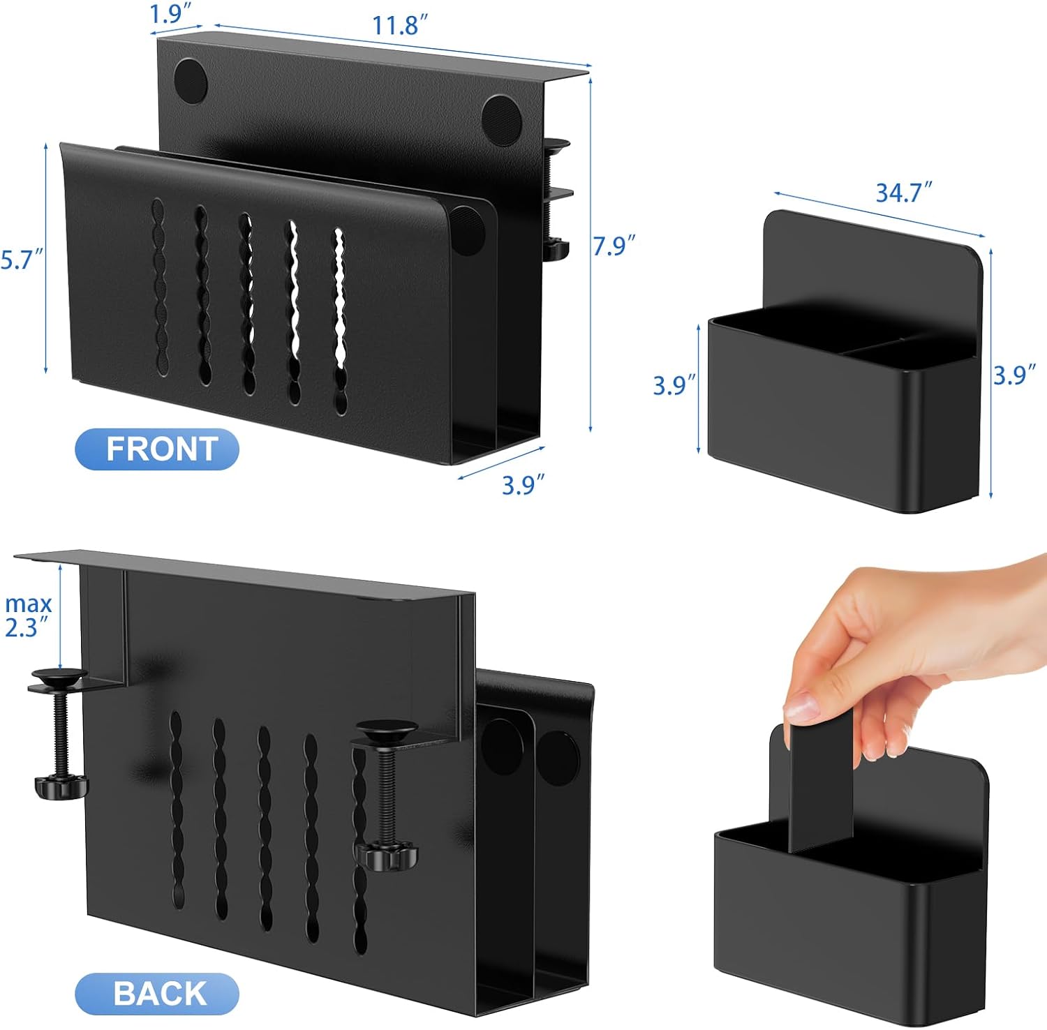 HAMOPY Desk Side Storage, 2 Tier Steel Hanging Desk Organizer with Magnetic Pen Holder, No Drilling Standing Desk