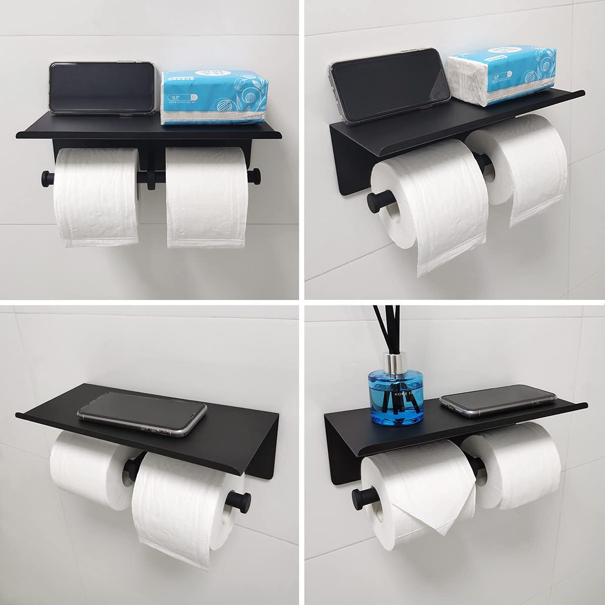GZILA Double Toilet Paper Holder with Shelf Matte Black Wall Mounted, Dual Large Rolls Tissue Holder Multipurpose TP