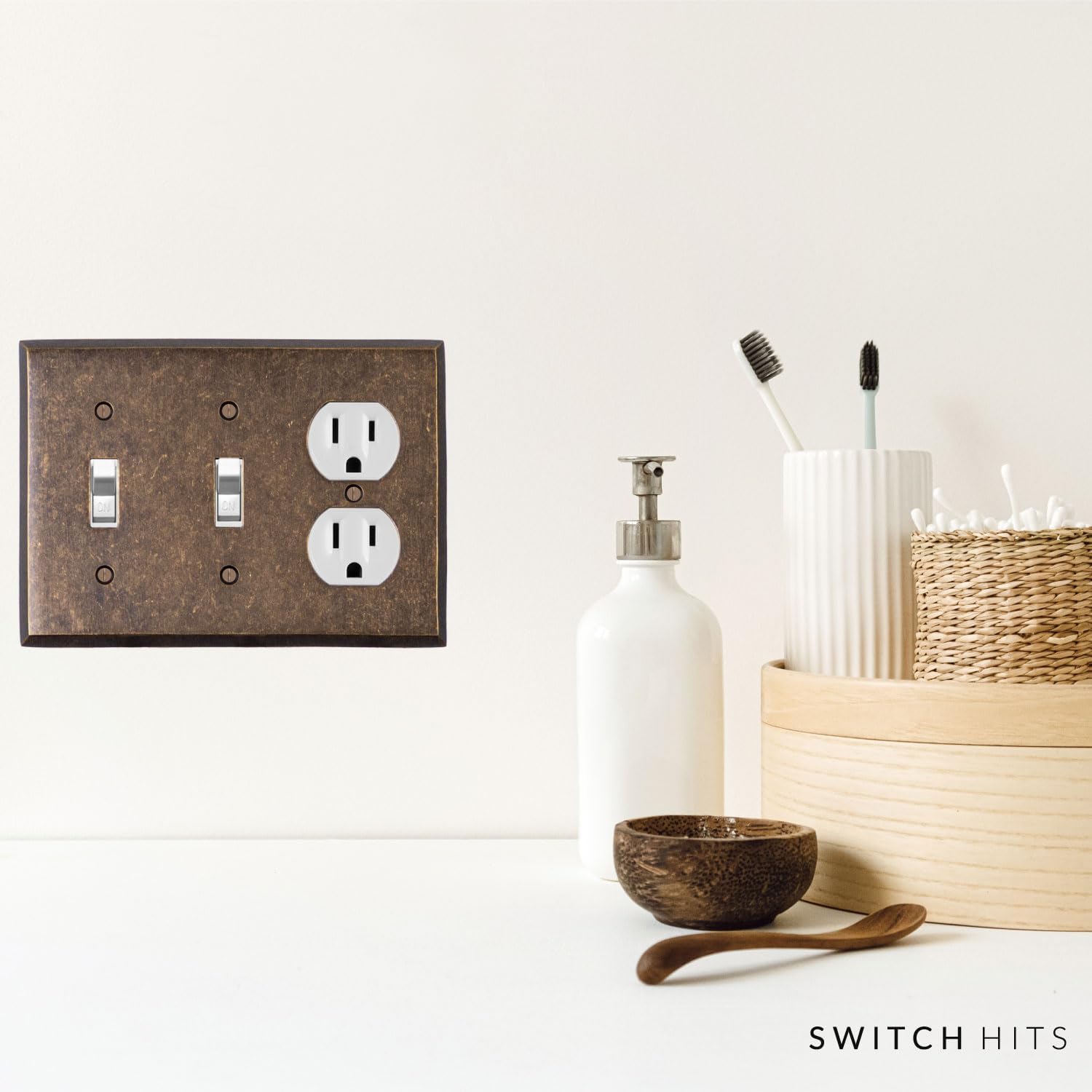 Double Light Switch Plate Outlet Cover GFCI Wall Plate | 2 Toggle - 1 Duplex Mottled Antique Brass Electrical Faceplate