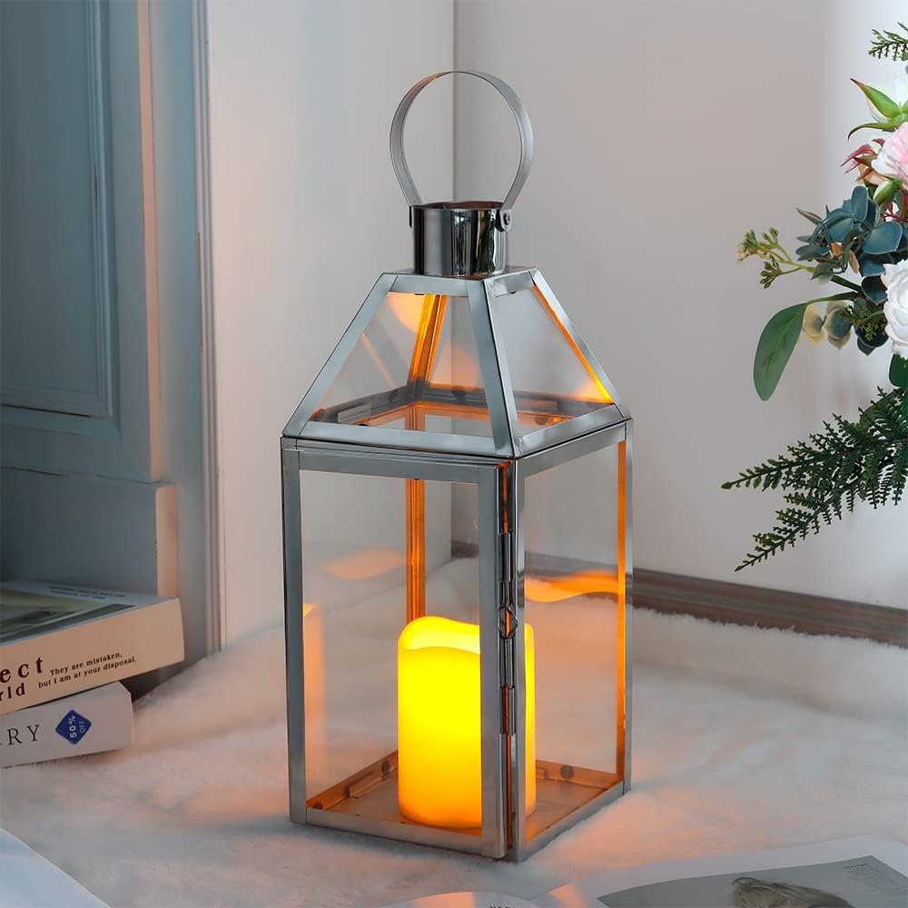 JHY Design Silver Decorative Lanterns 16inch High Stainless Steel Candle Lanterns with Tempered Glass for Indoor