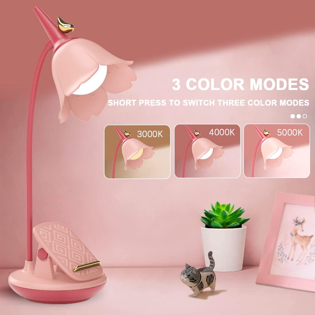 Pink Desk Lamp with Clamp, Rechargeable LED Small Lamp, Adjustable Gooseneck, Dimmable Cute for Kids Girls Bedroom Dorm