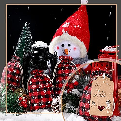 Shappy 24 Pcs Christmas Drawstring Gift Bags Xmas Buffalo Plaid Burlap Advent Bags 5.5 x 4 Inches Linen Treat Candy Bag with 32.8 ft Rope 24 Card(Black Red Snowflake)