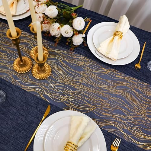 Snowkingdom 2pcs Gold Wave Table Runner, 11×108 Inch Golden Metallic Sparkle Lines Mesh Table Runners, Lightweight Gold Party Decorations for Mothers Day, Wedding, Birthday, Christmas, Party Dinner