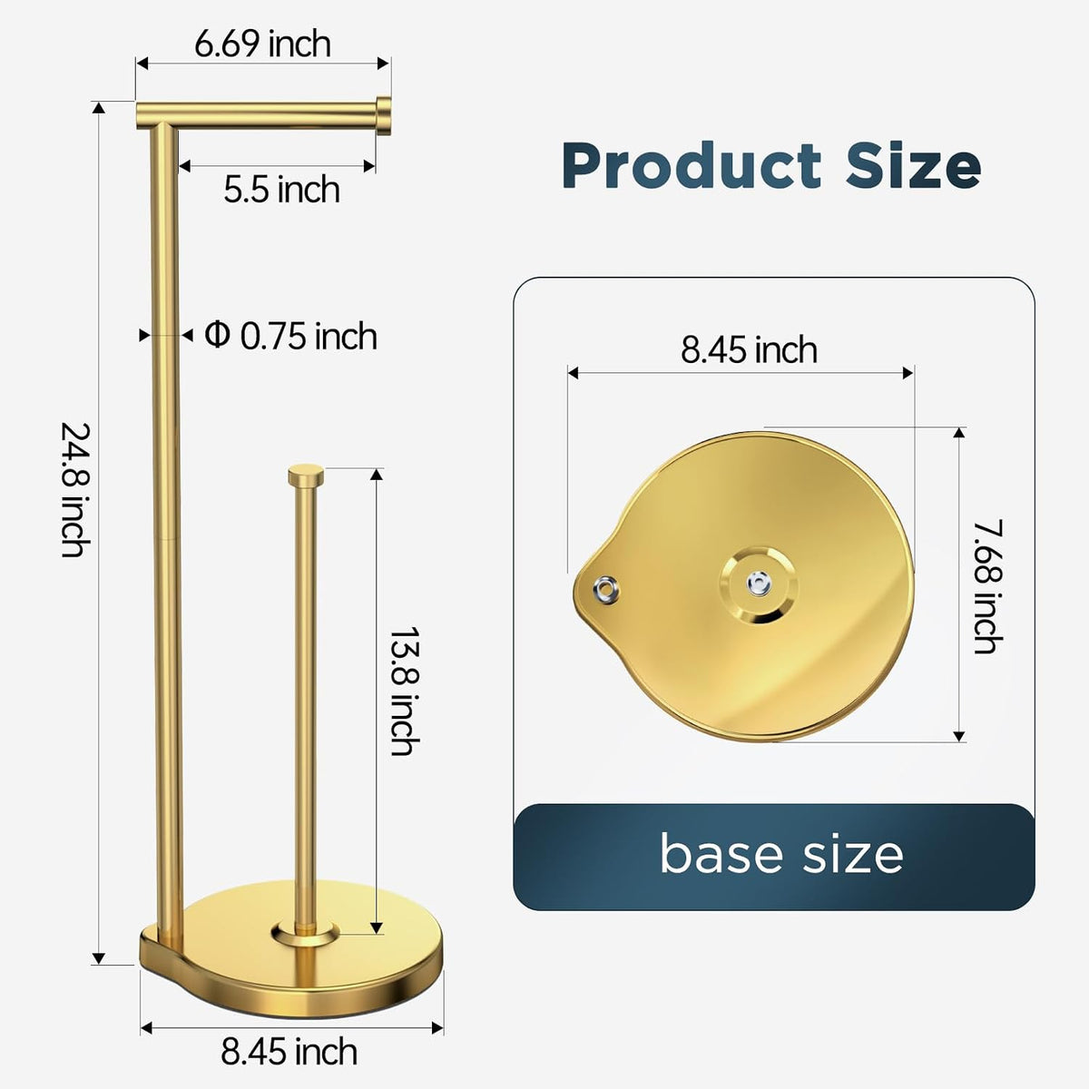theaoo Heavy-Duty Toilet Paper Holder Stand, Bathroom Storage, Gold | Freestanding Toilet Tissue Paper Roll Holder with