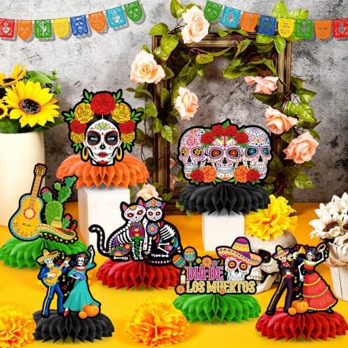 12Pcs Day of the Dead Honeycomb Centerpieces Decorations Dia De Los Muertos Altar Table Decorations Double Side Sugar Skull Table Centerpieces for Mexican Day of The Dead Halloween Party Supplies