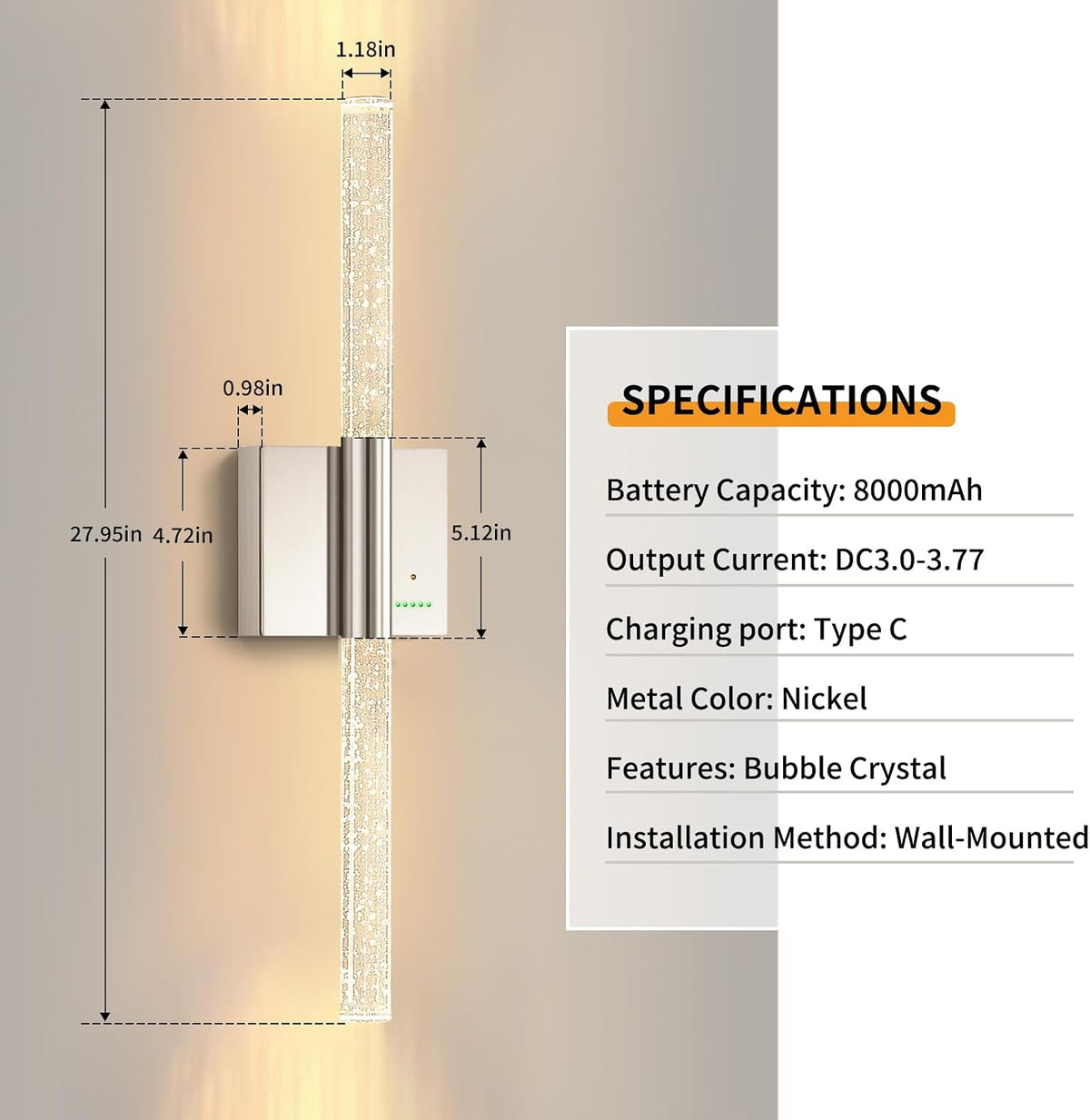 Battery Operated Wireless Wall Sconces, 2 Pack Dimmable Wall Lighting | Slypadan Extra Large Rechargeable
