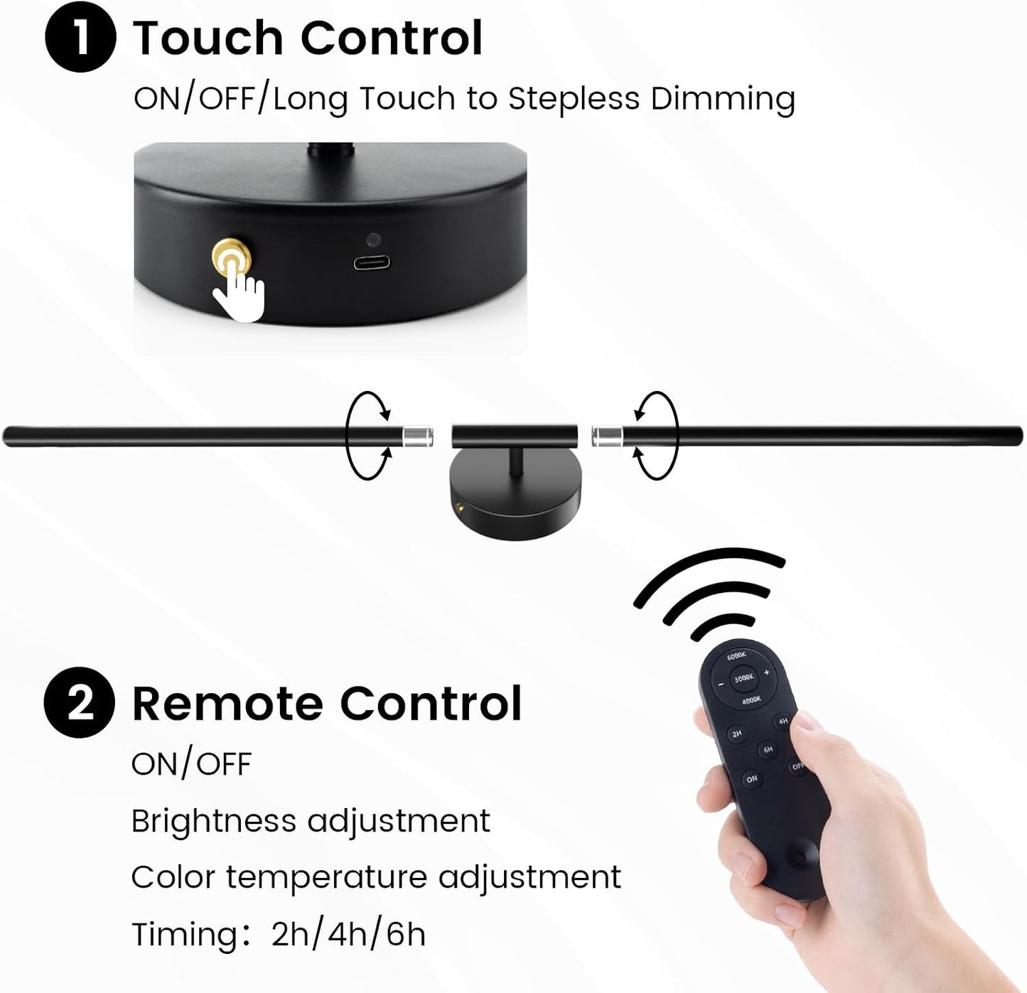 JOFIOS Battery Operated Wall Sconces Set of 2, 34.7In Black Remote Control | 360°Rotation Wireless Rechargeable Wall