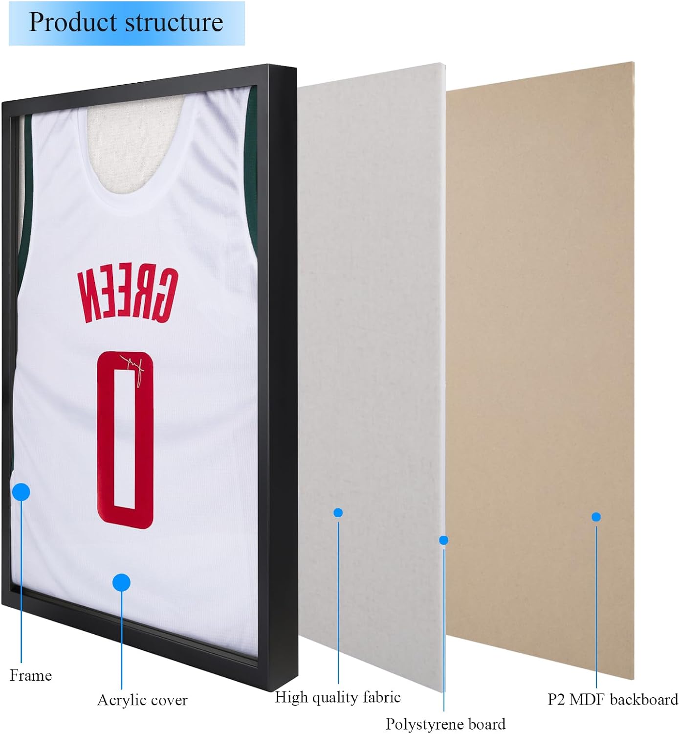 1DOT2 16x20 Jersey Frame Display Case Large Shadow Box, Black | Grade A Natural Pine Wood, HD Acrylic Front, Metal