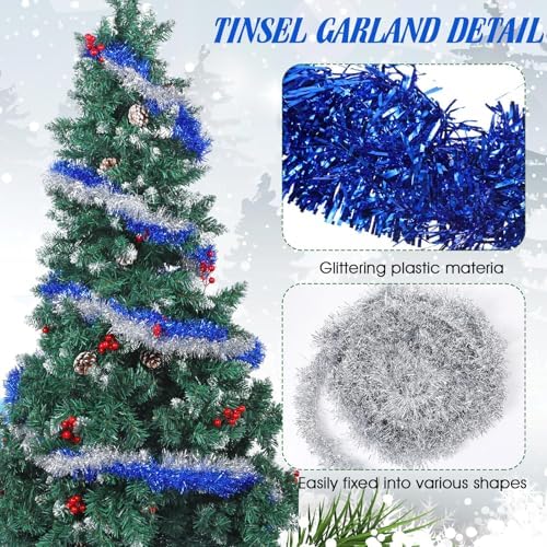 Shappy 90 ft 6 Rolls Christmas Tinsel Garland for Tree, Blue, Sliver