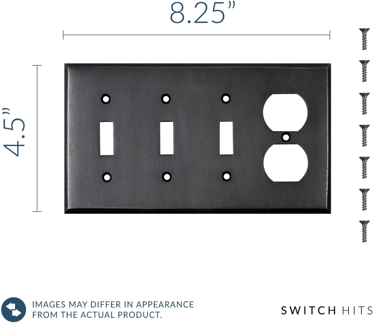 Distressed Antique Bronze Outlet Wall Plate | 3 Toggle - 1 Duplex | 8.25" x 4.5" | Hand-Polished Brass Construction