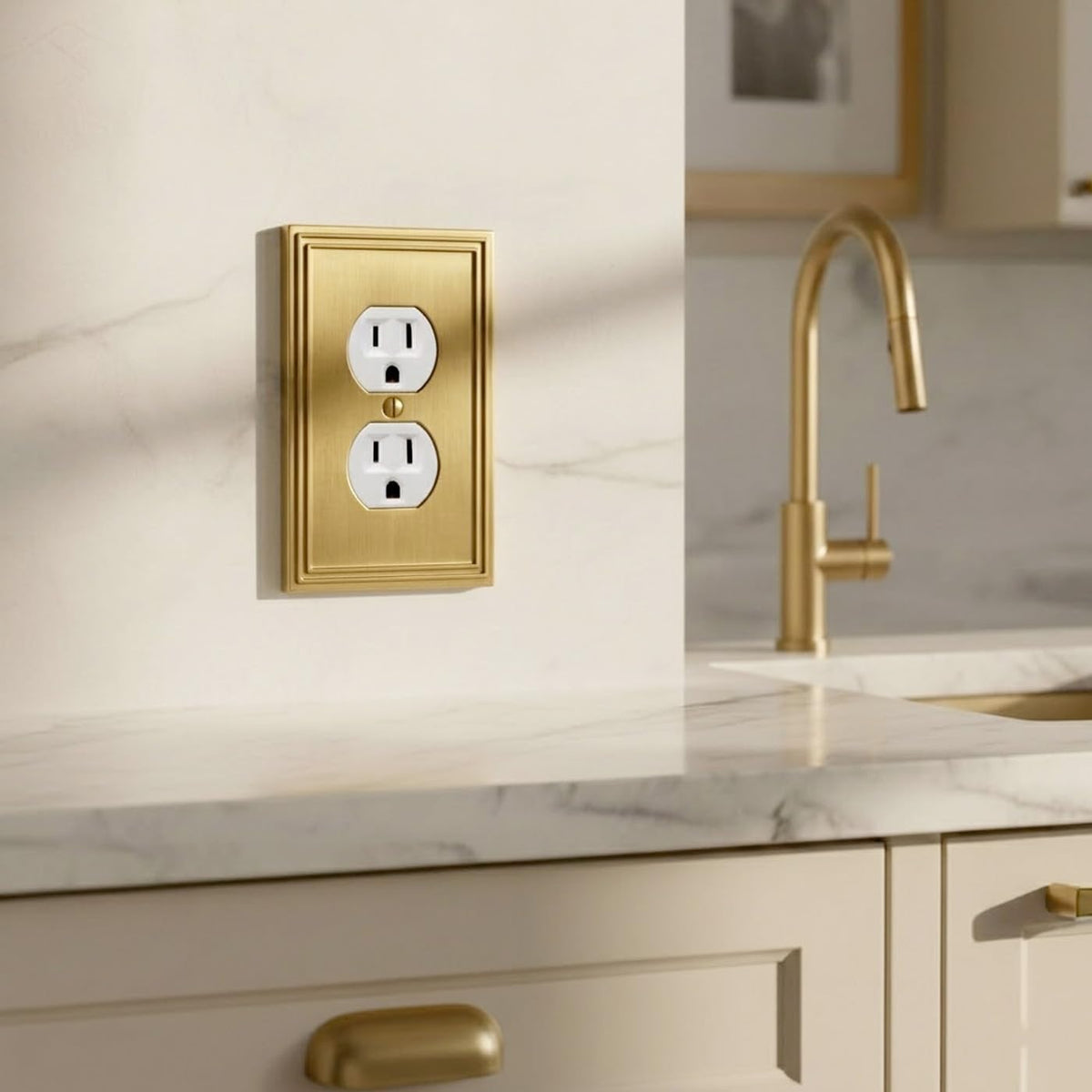 Rio Salto Gold Decorative Outlet Cover Plate Duplex Modern Wall Plates Receptacle Brushed Brass Gold Metal Wall Plates