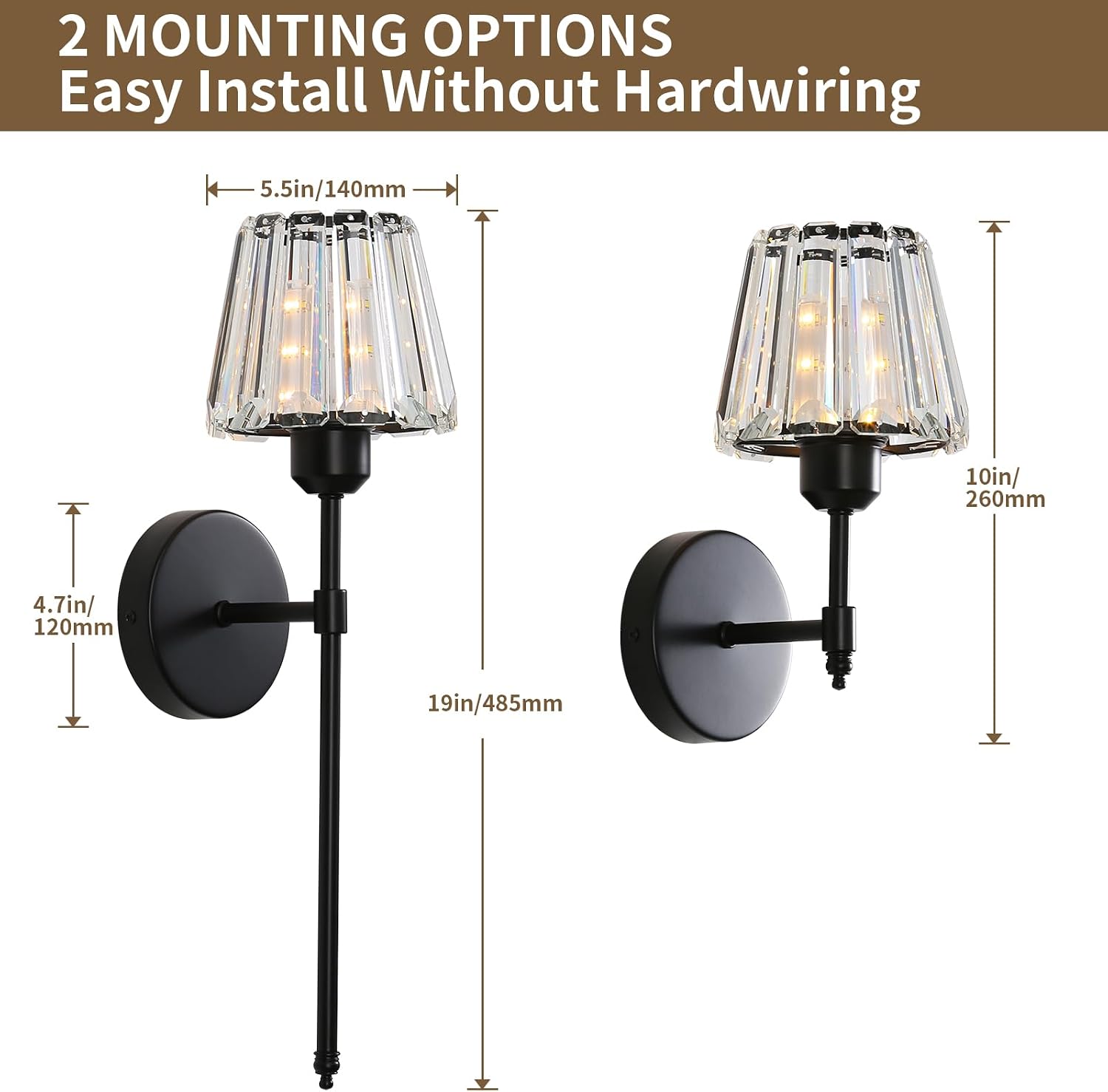 Battery Operated Crystal Wall Sconce Set of 2, Black Rechargeable Wireless Wall Sconces with Remote Dimmable 12 Colors