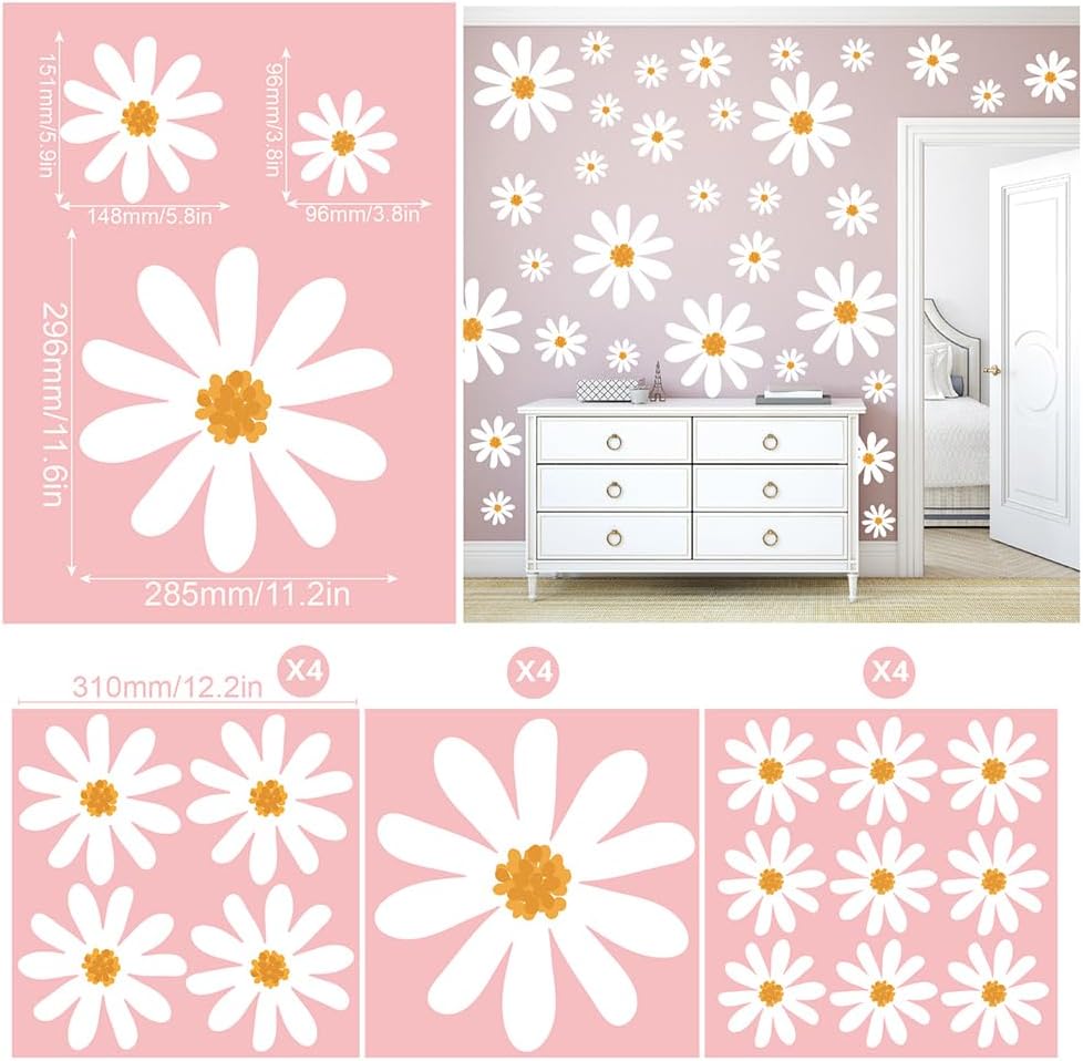 Large Daisy Wall Decals / White / Set of 56
