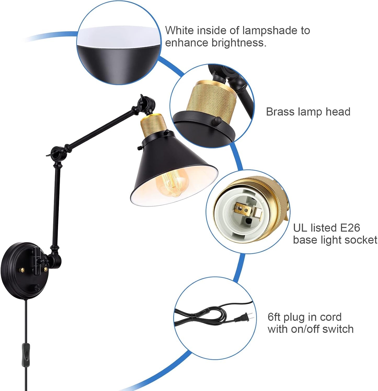TRLIFE Plug in Wall Sconces, Dimmable Wall Sconce Swing Arm Wall Lights Plug in, Adjustable Wall Mounted Light Wall