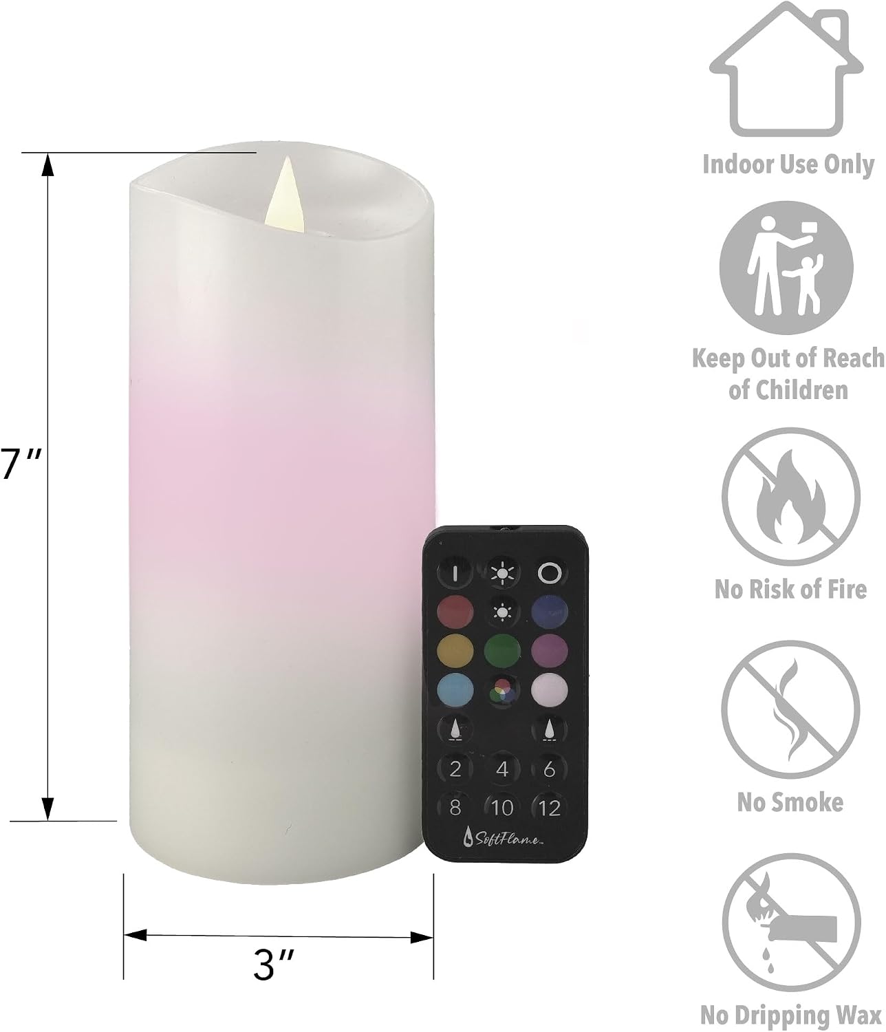 Flameless Multi Color Flickering Moving Flame 3"x 7" Pillar LED Candle，Battery Operated, Real Wax, White, Remote
