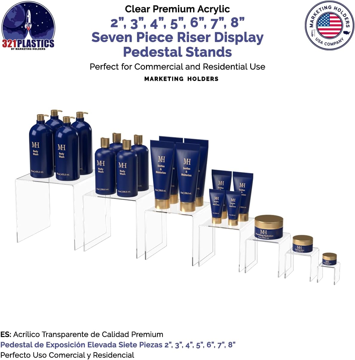 Marketing Holders Acrylic Riser Display Stands 2" Through 8" High 7 Pieces Clear Plastic Countertop Decorative Pedestal