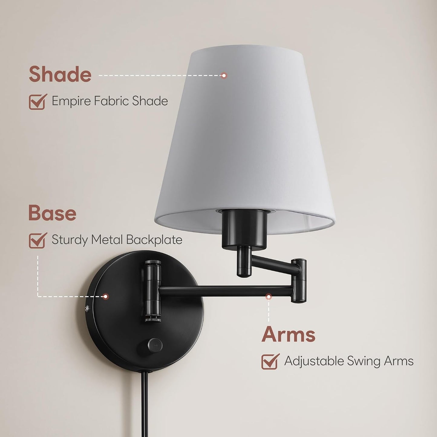 VONLUCE Wall Lamp, Plug in & Swing Arm Wall Sconce, Black Finish | Modern Wall Lights with White Fabric Shades, Plug in