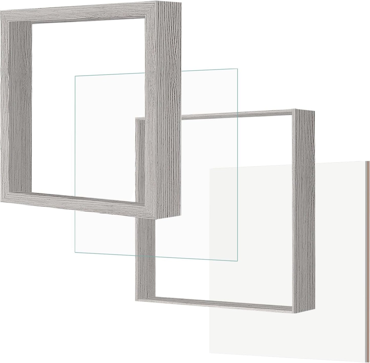12x12 Gray Wooden Shadow Box Frame, 1.2" Deep, Tempered Glass | Black Backboard, Tabletop & Vertical/Horizontal Wall