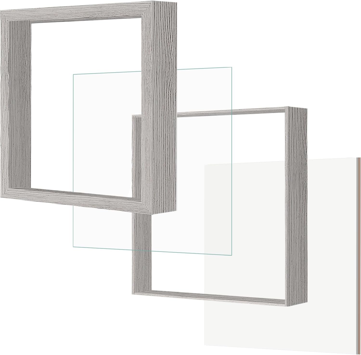 12x12 Gray Wooden Shadow Box Frame, 1.2" Deep, Tempered Glass | Black Backboard, Tabletop & Vertical/Horizontal Wall
