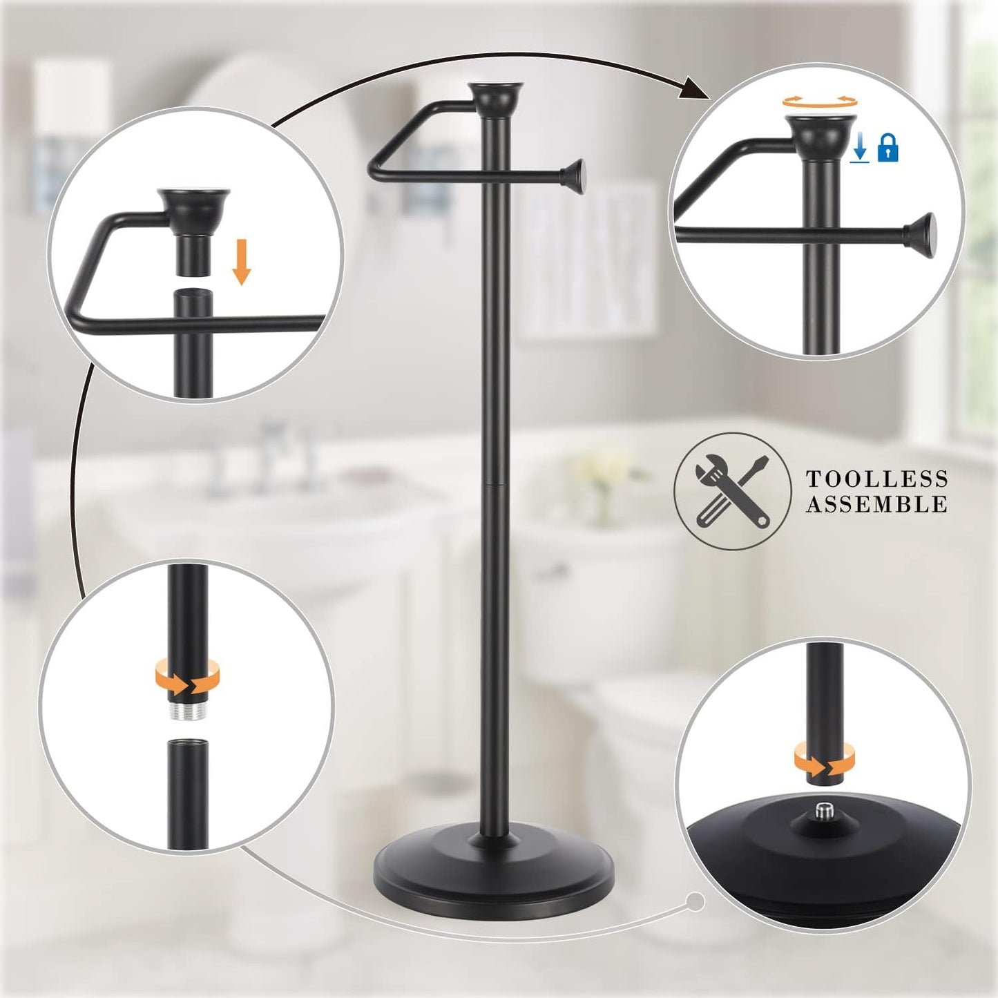 Free Standing Toilet Paper Holder Stand with Reserve, Bathroom Tissue Dispenser Storage for 5 Mega Rolls, Black Toilet