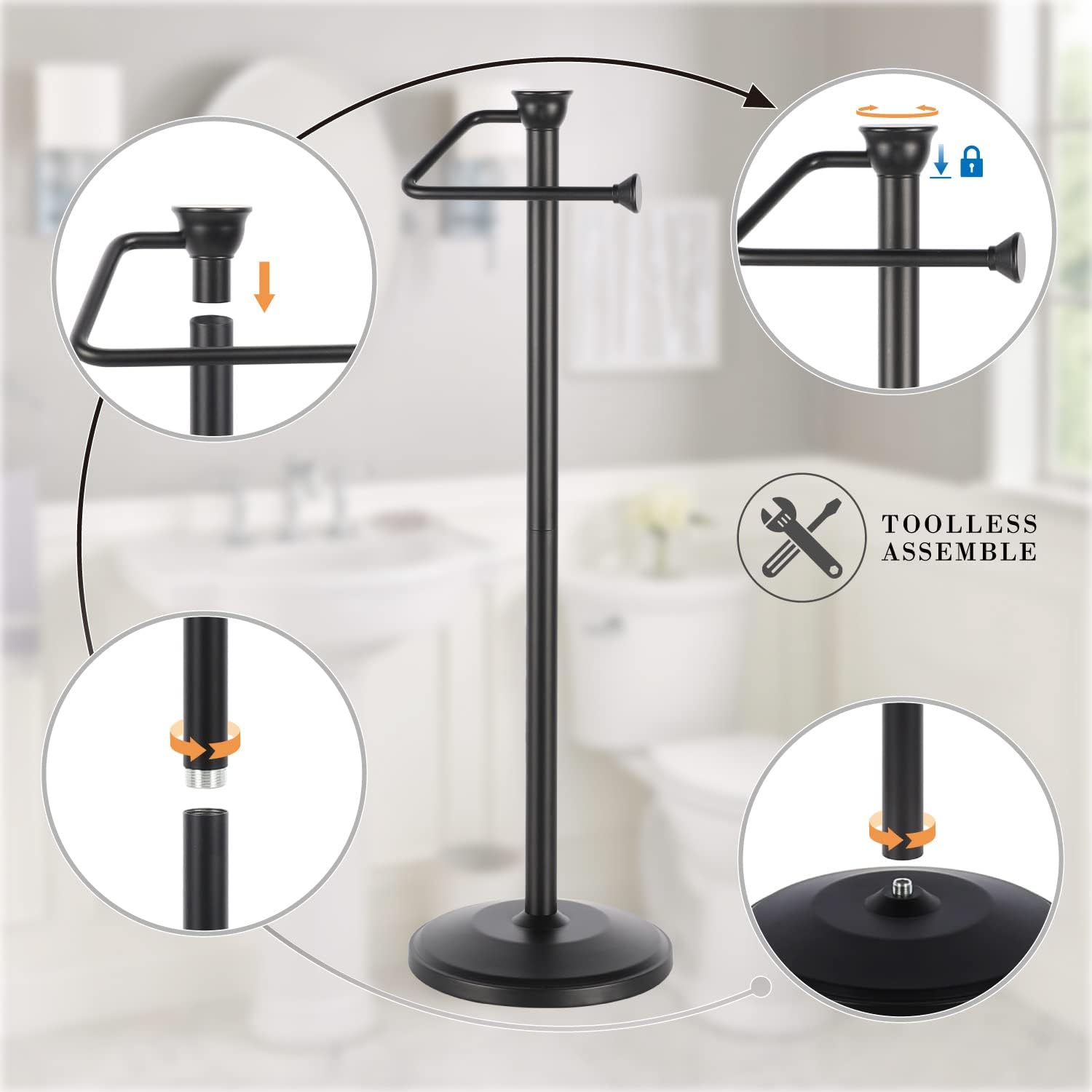 Free Standing Toilet Paper Holder Stand with Reserve, Bathroom Tissue Dispenser Storage for 5 Mega Rolls, Black Toilet