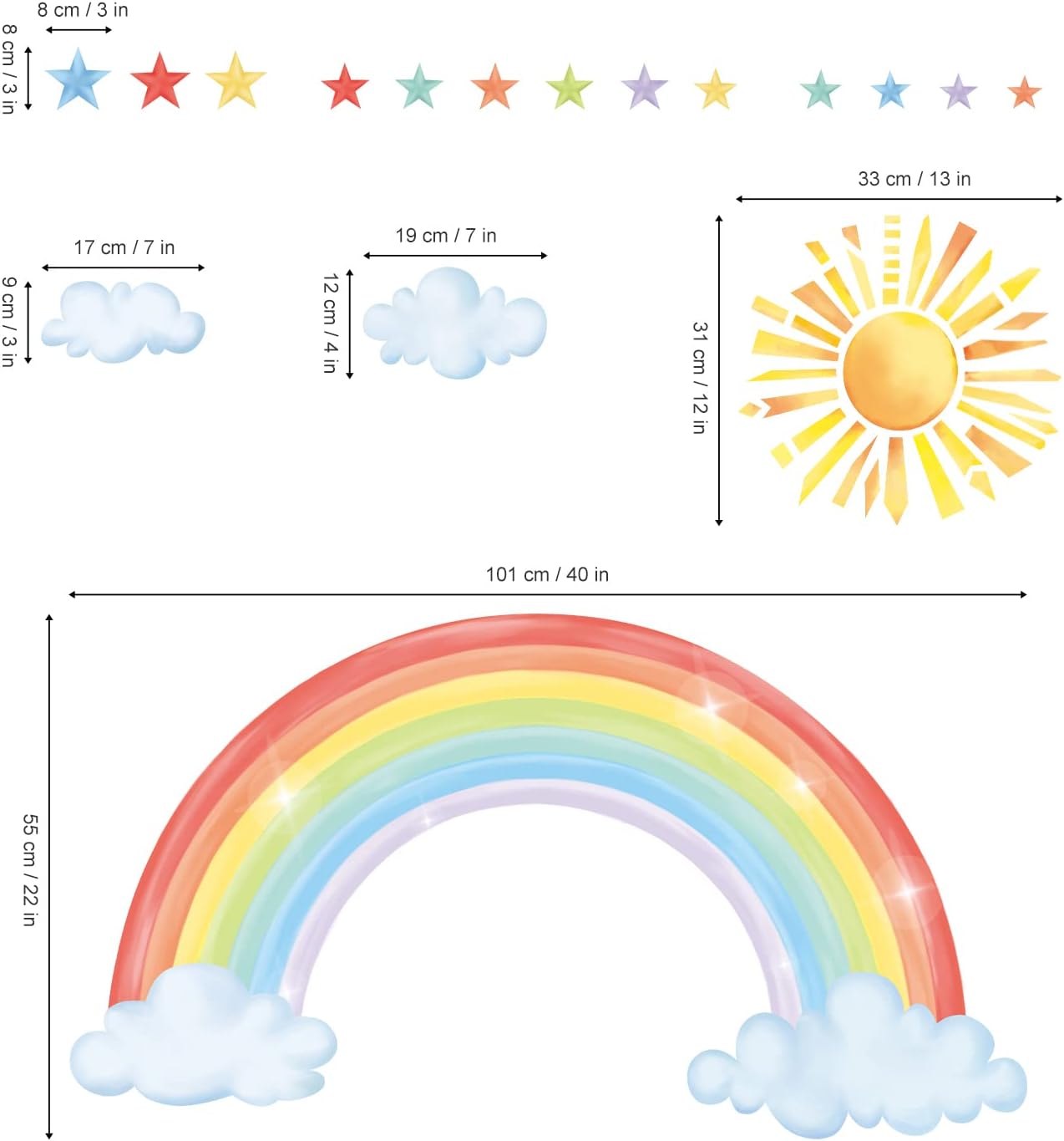 Large Rainbow Wall Decals Sun Cloud Star Wall Stickers Baby Nursery Girls Bedroom Living Room / B