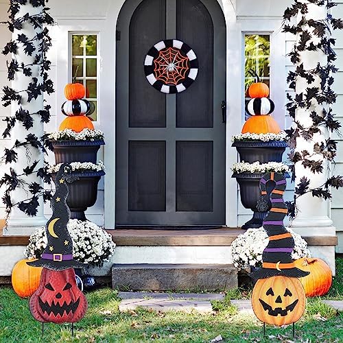 YEAHOME Halloween Decorations Outdoor, 2 Pack Metal Pumpkin Garden Stakes with Witch Hats for Halloween Decor, Jack o' Lantern Pumpkin Yard Signs for Outside Garden Lawn Patio Party Decorations