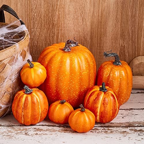 Halloween Autumn Harvest Festival 7 Artificial Pumpkins of Various Styles Decorate Rural Style Farmhouses Foam Pumpkins Thanksgiving Dinner Party Home Festival Autumn Decoration (Orange)