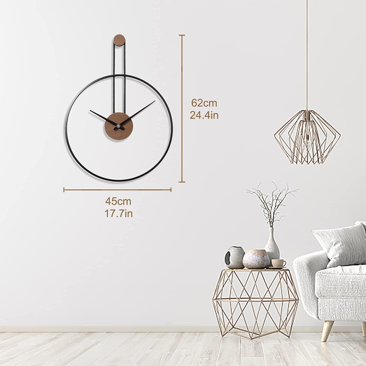 YISITEONE Medium Decorative Wall Clock for Living Room,Metal & Walnut Dial Home Decor Silent Non Ticking Lightweight