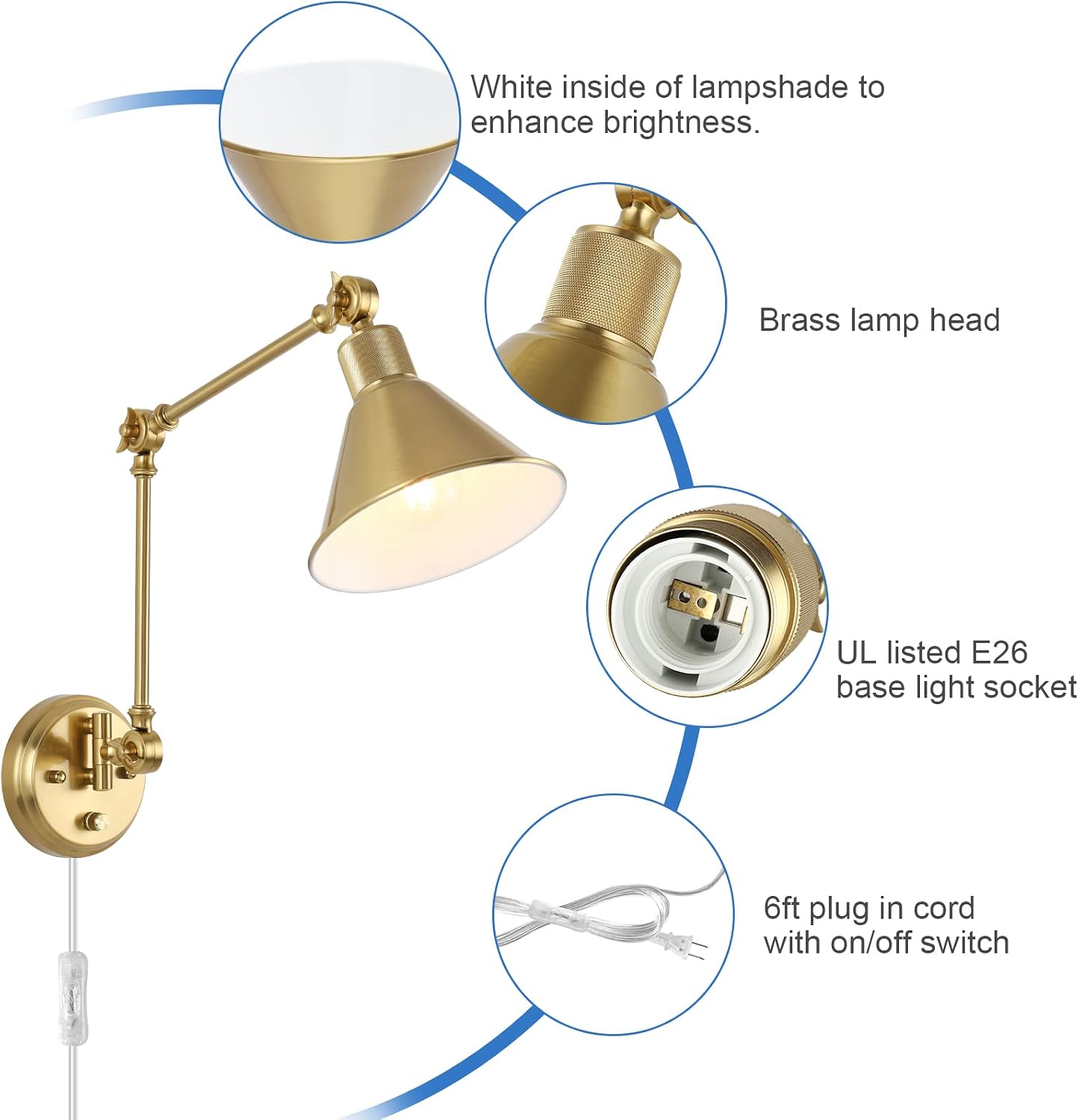 TRLIFE Wall Sconce Plug in, Brushed Brass Dimmable Wall Sconce Swing Arm Wall Lights Plug in Wall Mounted Light with