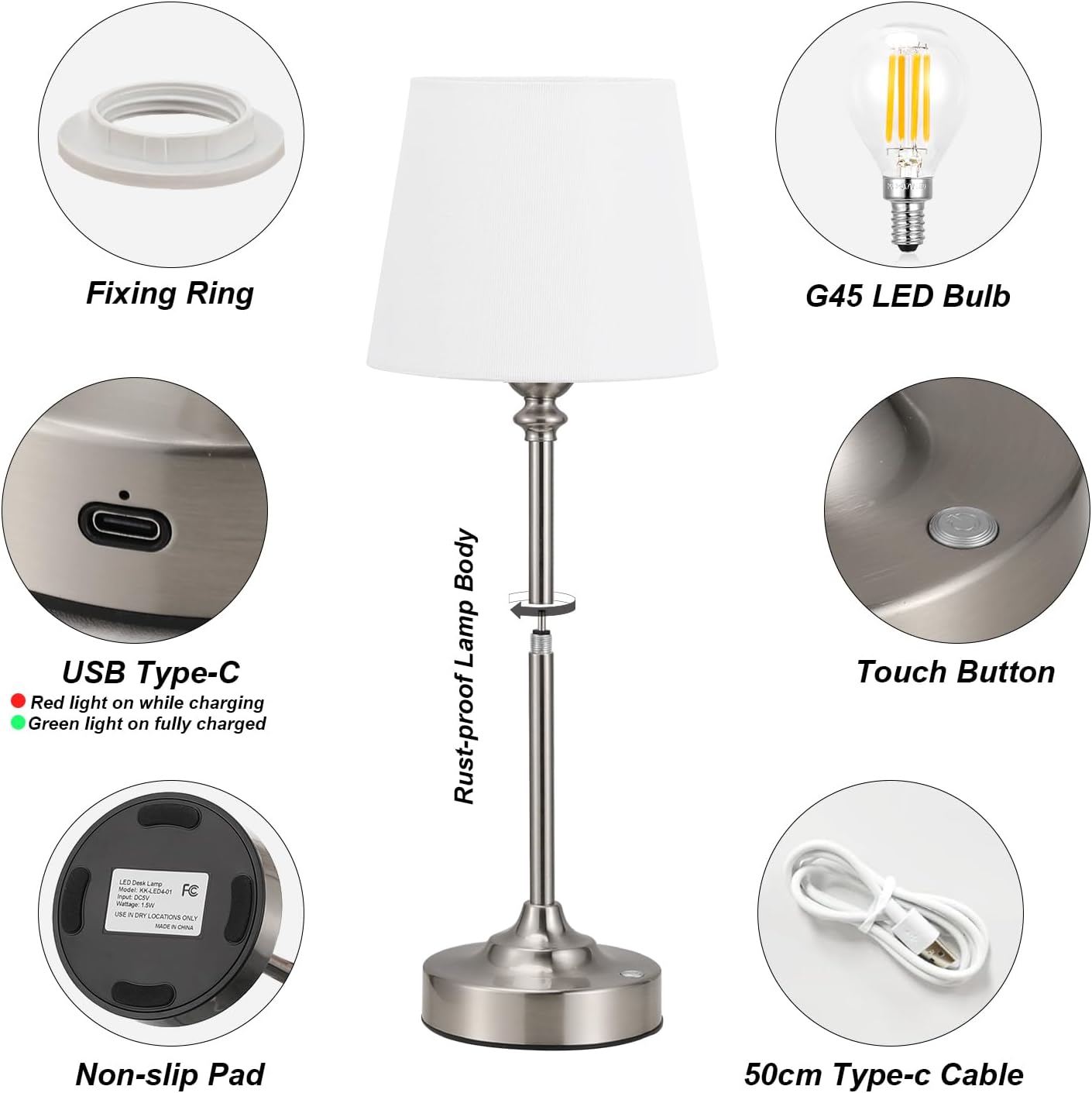 Kakanuo Cordless Table Lamp Rechargeable Silver - 1 Pack 4000mAH Battery Operated Lamp for Decor, 3000K Stepless