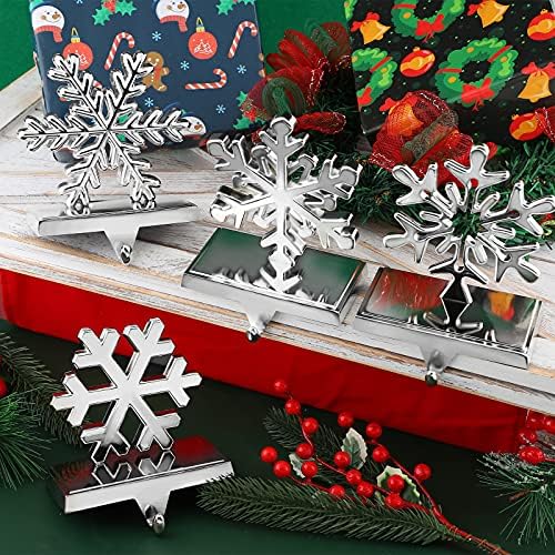 URATOT Pack of 4 Christmas Stocking Holders Snowflake Stocking Hangers Mantel Stocking Hooks for Christmas Decoration, Silver