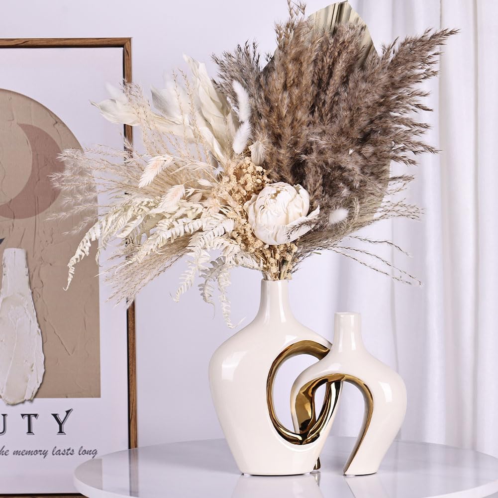 Ceramic Vase / Modern Donut & Hollow Style / White and Gold / Set of 2