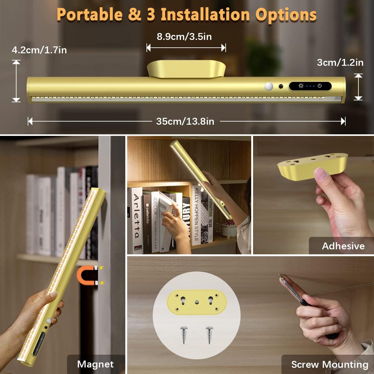 Battery Powered Operated Wall Strip Light with Motion Sensor | LED Light Bar, Rechargeable Magnetic Under Cabinet