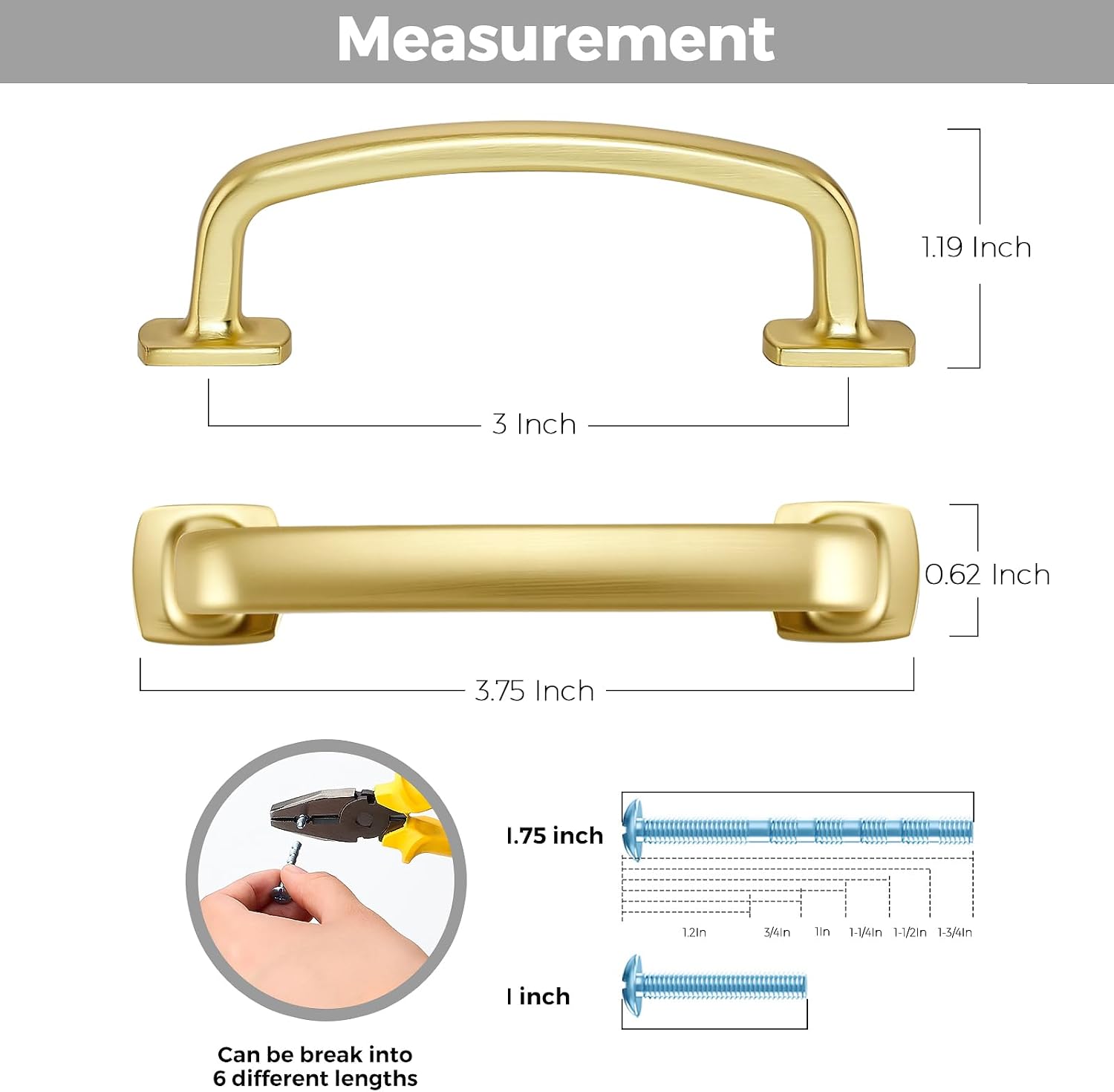 Cabinet Handles Arch Cabinet Pulls / 3" Hole Center / Brushed Brass / 3 Inch / Set of 3