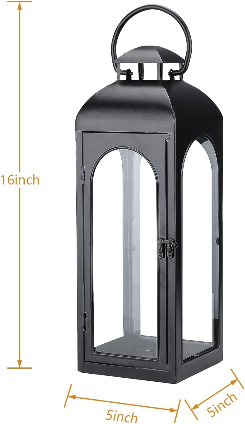 Bdor 16 Inch Outdoor Indoor Lantern Decor Black Metal Candle Lantern 1 Pack | Tempered glass panels, sturdy metal