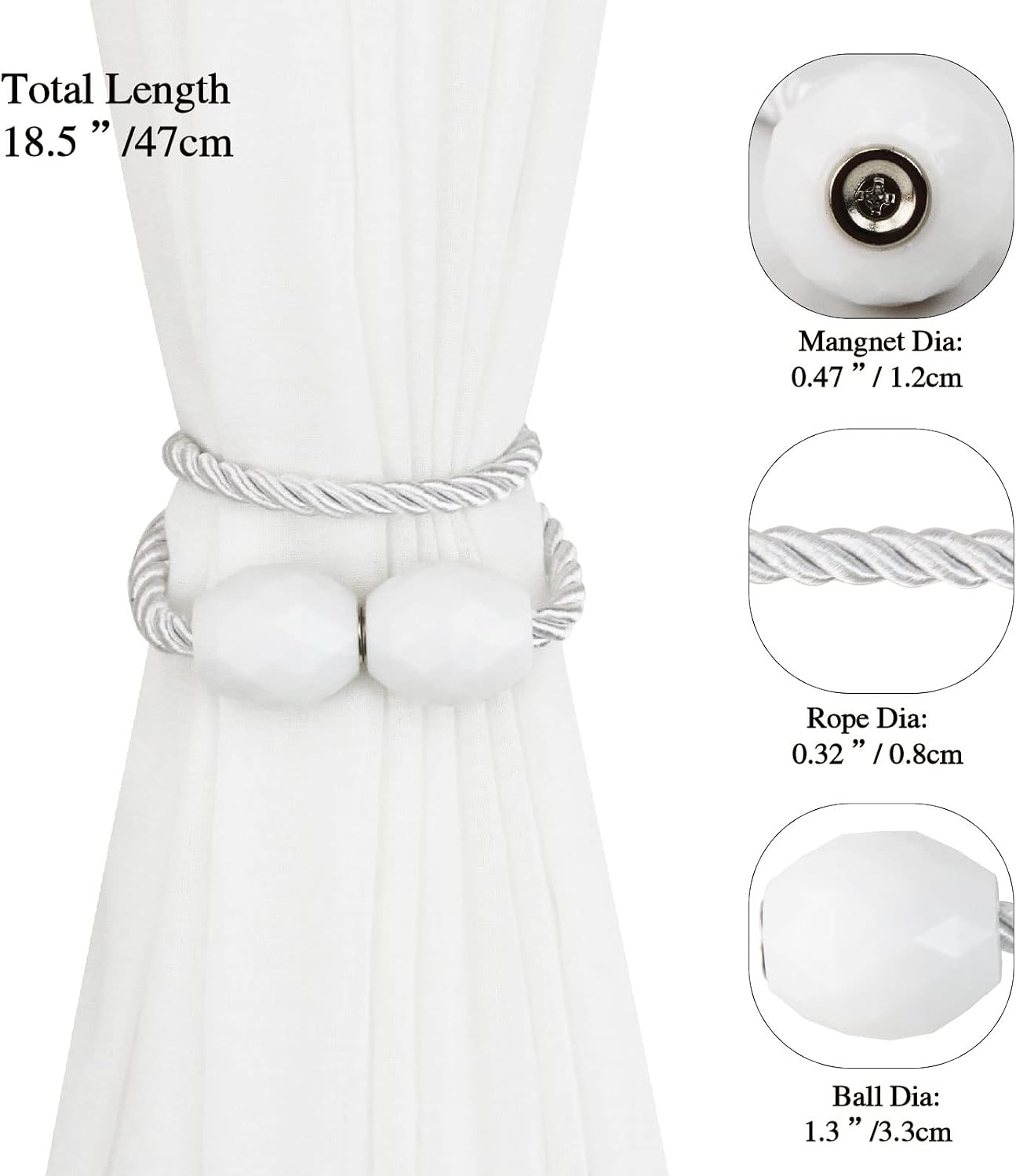 Strong Magnetic Curtain Tiebacks Decorative Rope Tie Backs Holdbacks Porlau | 6 Pack White Outdoor Curtain Rope