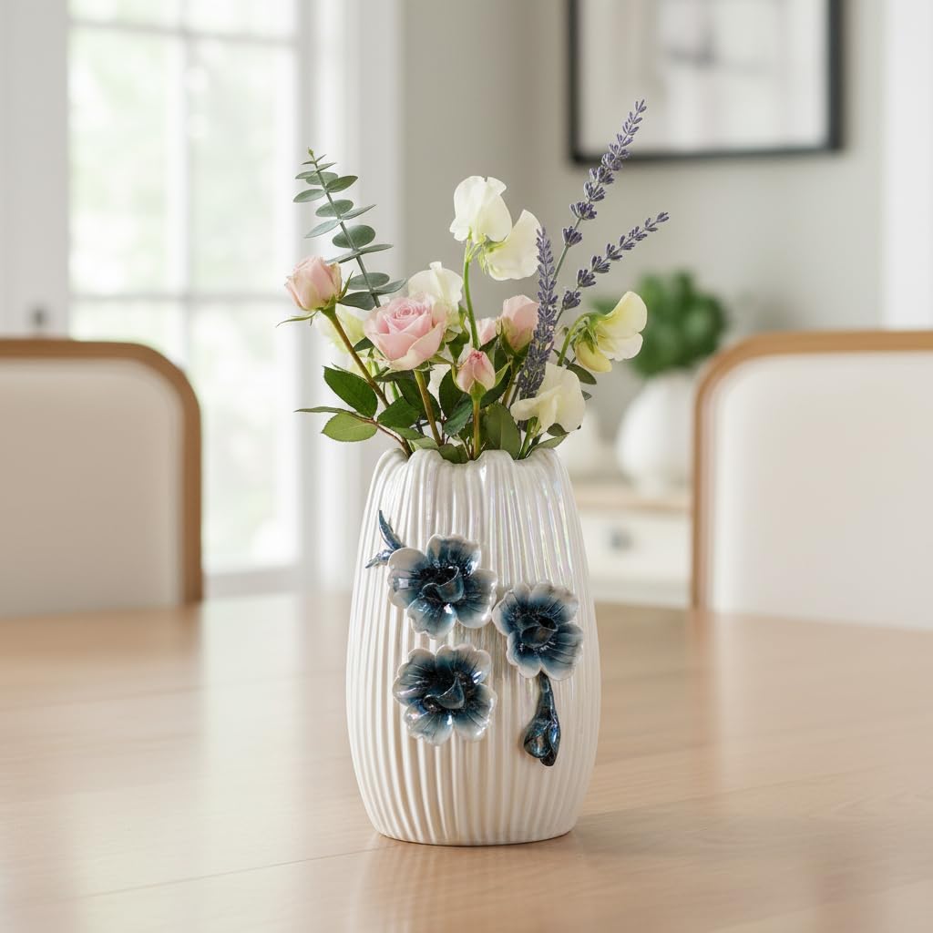 Modern Ceramic Vases for Centerpieces / White and Dark Blue / 7 Inch
