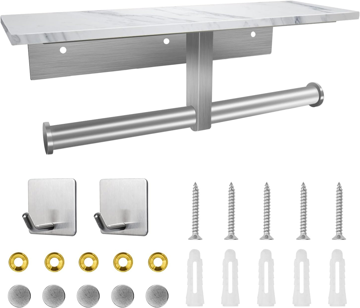 Toilet Paper Holder with Shelf, Double Toilet Paper Holder Wall Mount and 2PCS Free Adhesive Hooks for Bathroom