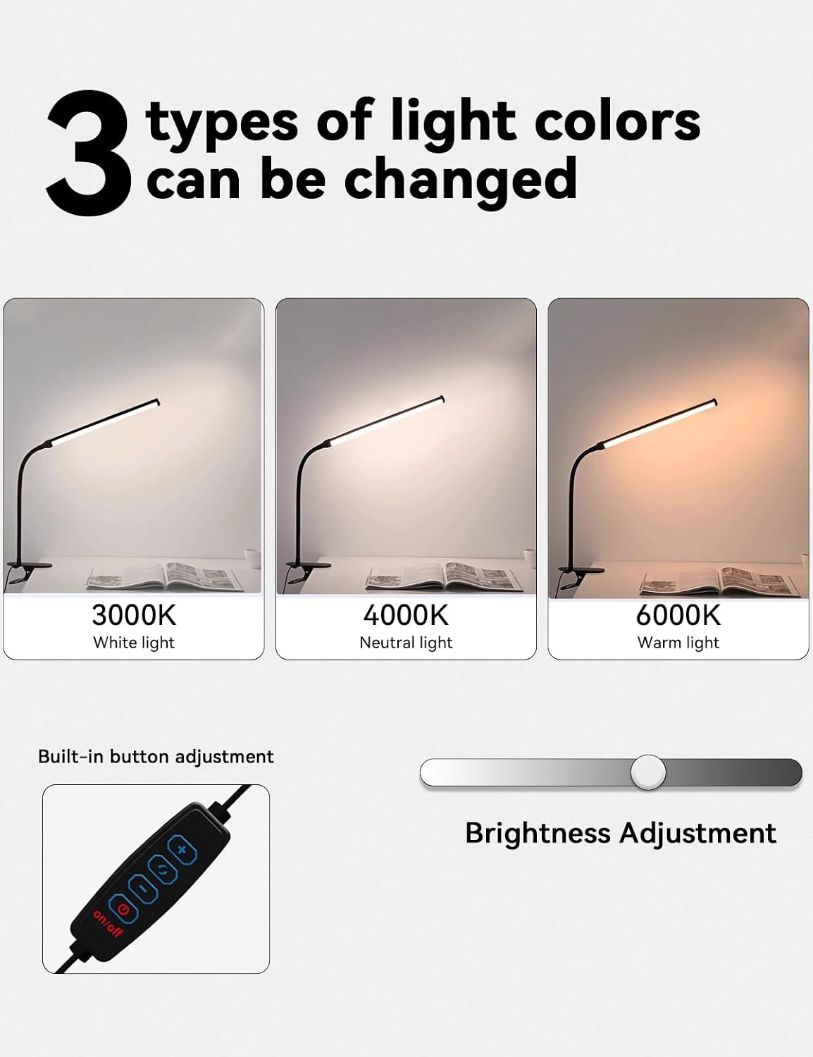 2 Pack LED Desk Lamp with Clamp,Eye-Friendly Clip on Lights for Home Office Study Reading,3 Modes 10 Brightness,Long