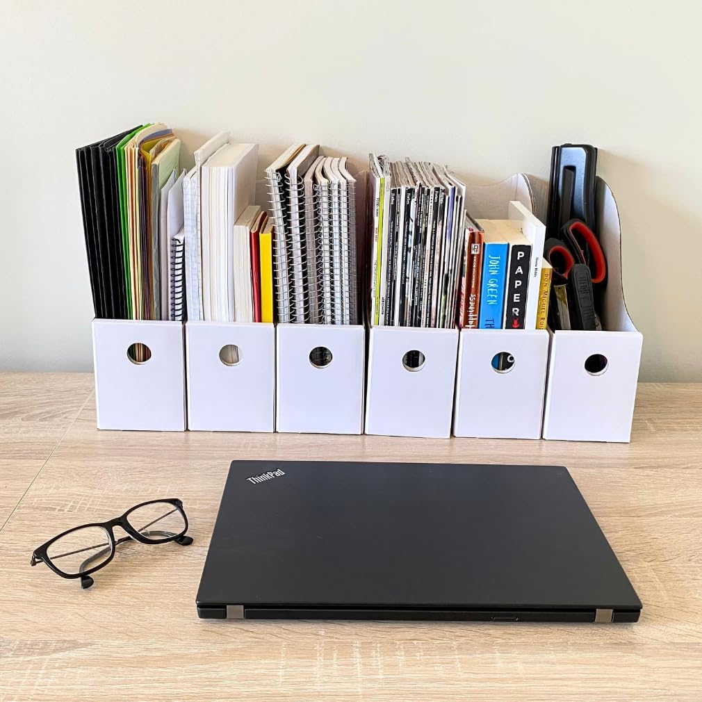 Evelots Magazine File Holder - Set of 12 White - Office Desk Organizer - Sturdy Cardboard - New Upgraded Double Front